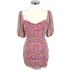 Lush Floral Multicolor Ruched Puff Sleeve Sweetheart Mini Dress Size Small